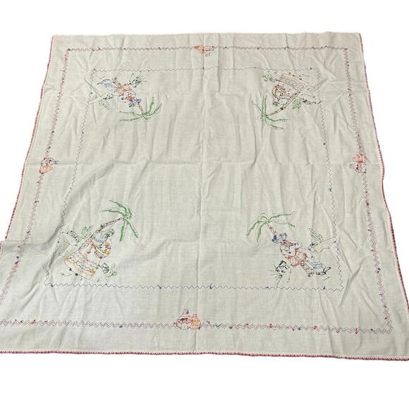 Vintage Handmade Embroidered Tablecloth Mexican Motif 40x46 Boho Folk Art - Picture 2 of 9